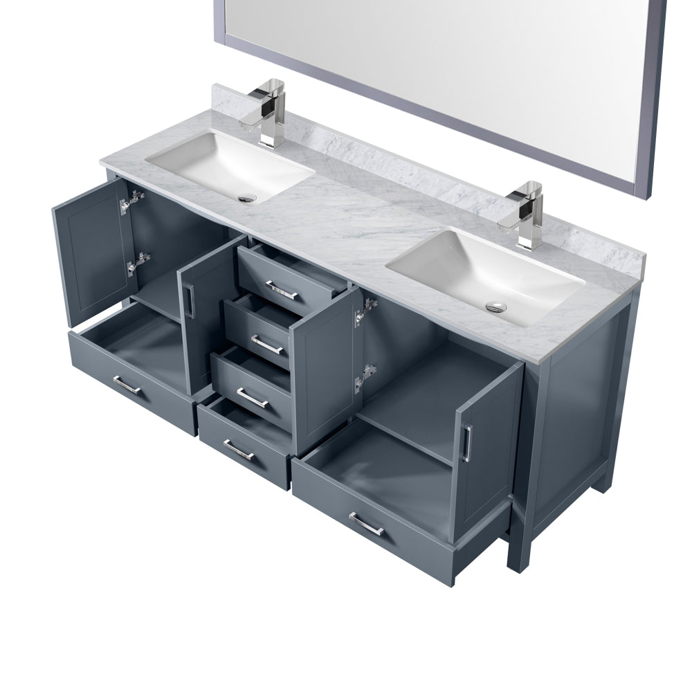 Dark Grey Double Bath Vanity 72 in. W x 22 in. D, Carrara Marble Top, Faucet Set, and 28 in. Mirror