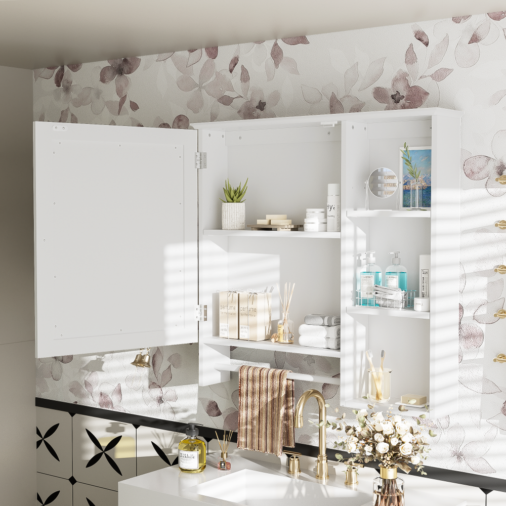 Wall Mounted Bathroom Storage Cabinet, Medicine Cabinets with large mirror door, adjustable shelves and three open storage levels(Not Include Bathroom Vanity )