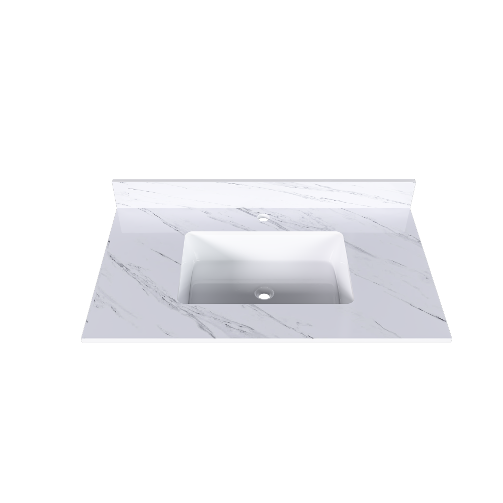 37 Inch Marble Vanity Top, White Vanity Top with 1 Pre-drilled Faucet Holes, Bathroom Vanity Top with Undermount Rectangular Middle Sink and 4" Height Backsplash, Bianco Carrara Venato
