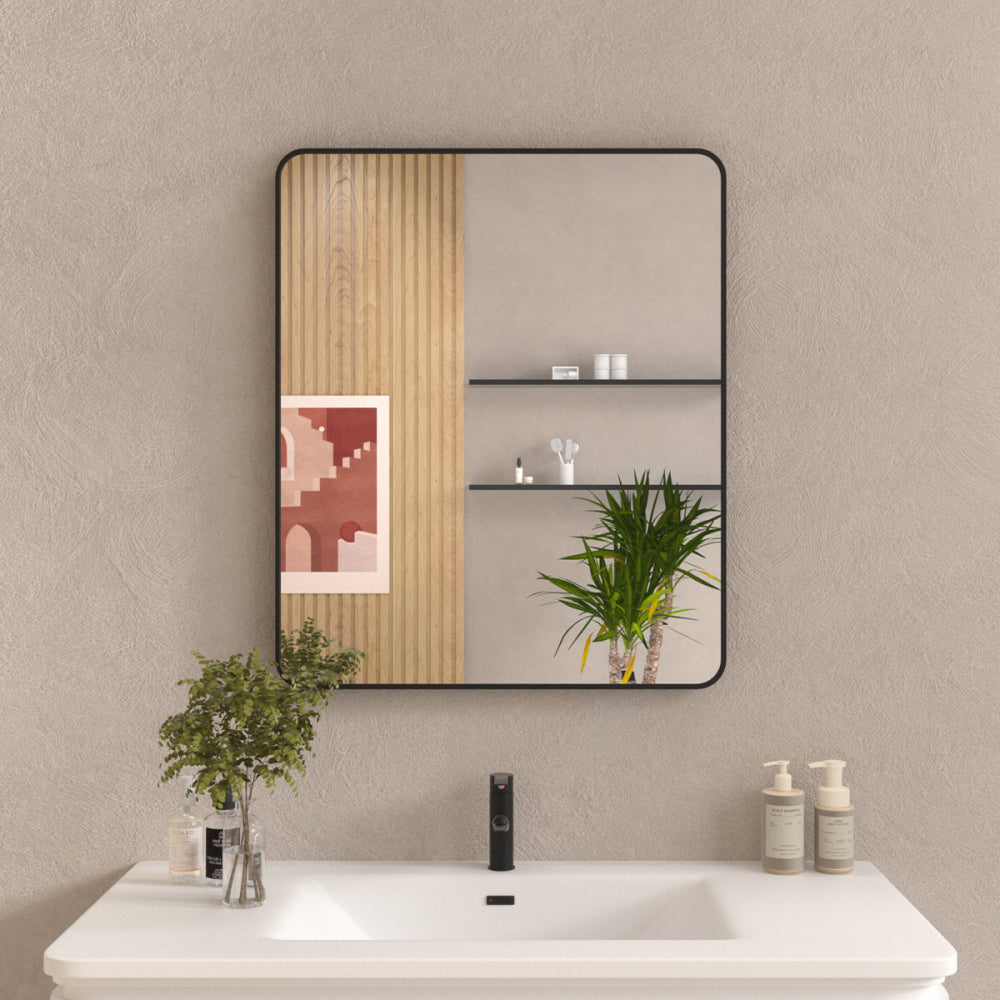 60x36 In. Aluminum Framed Rounded Rectangle Bathroom Wall Mirror, Matte Black Bathroom Vanity Mirror Farmhouse, Anti-Rust, Tempered Glass mirrors, Hangs Horizontally or Vertically