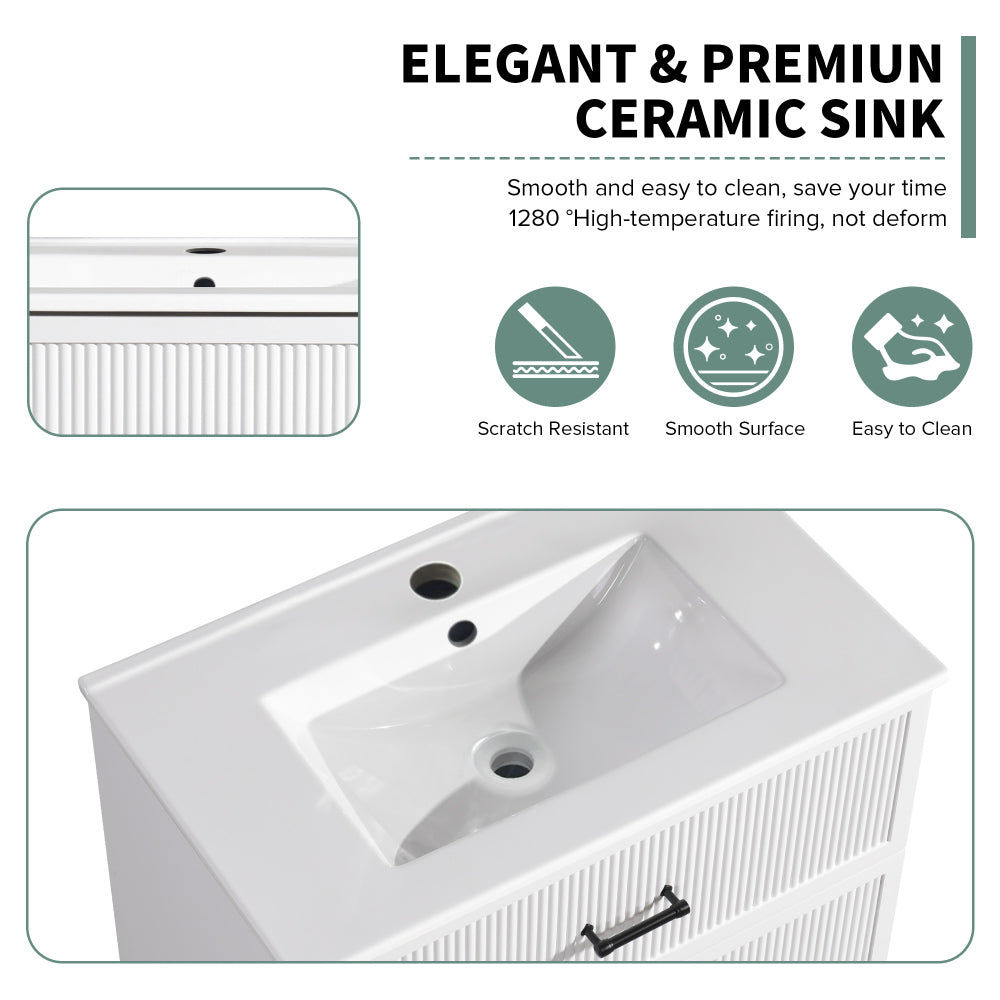 30 Inch Bathroom Vanity with Ceramic Sink Combo Set, Modern Freestanding Bathroom Storage Cabinet with 2 Drawers, Floor Standing Bath Vanity, White