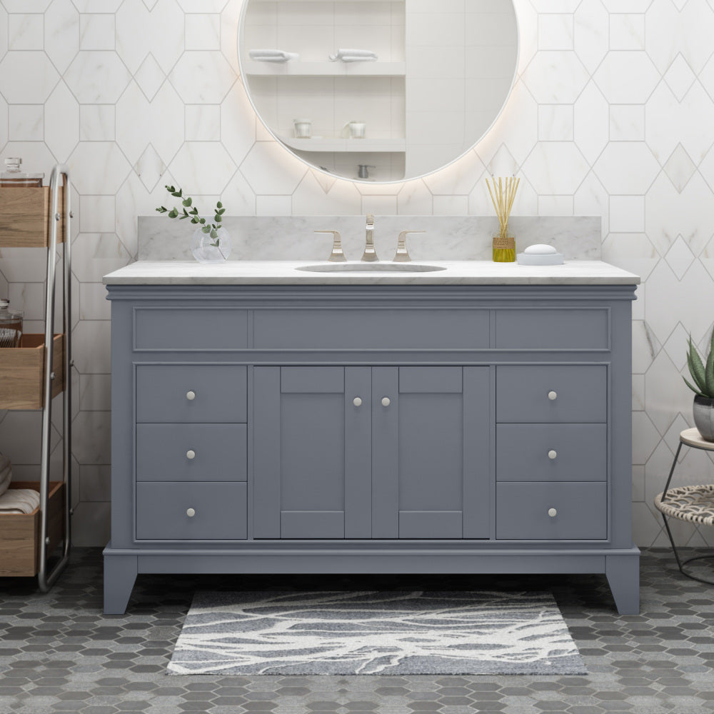 49'' Bathroom Vanity with Marble Top & Ceramic Sink, 2 Doors and 6 Drawers, Gray