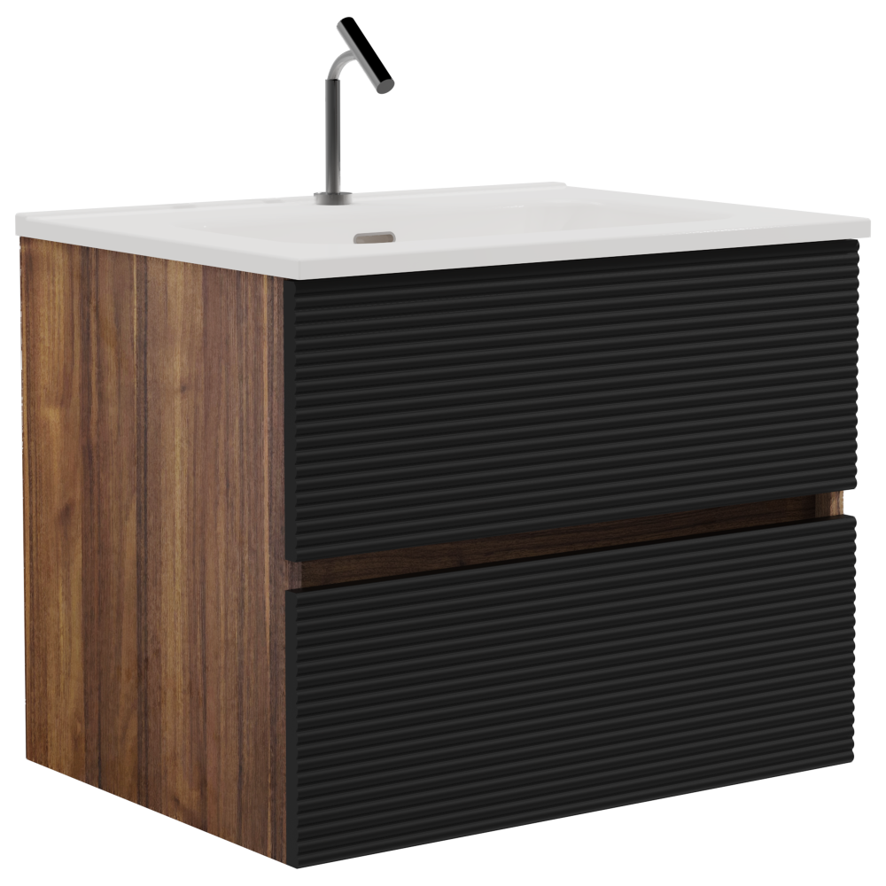 Gloria 24" Wall Mounted Soft Black & Walnut Bathroom Vanity with Integrated Ceramic Sink with Overflow, Large Storage Floating Bathroom Vanity for Modern Bathroom, Pre-assembled