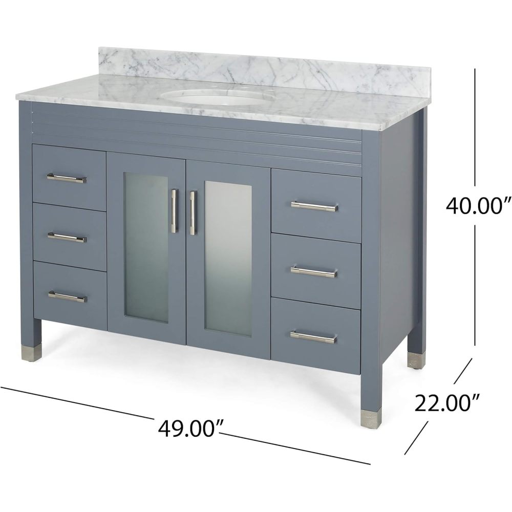 49'' Bathroom Vanity with Marble Top & Ceramic Sink, 2 Doors with Glass, 6 Drawers, Gray