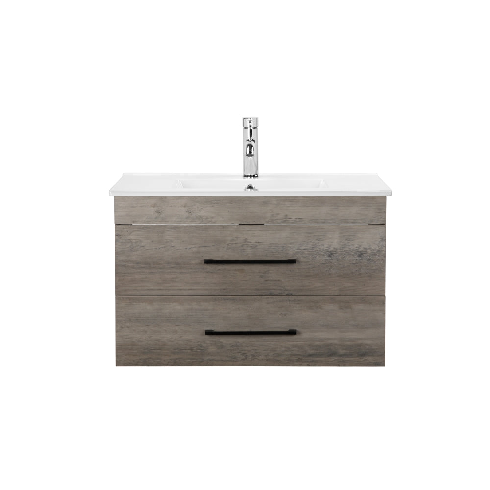 32-Inch Grey Wood Grain Wall-Mounted Bathroom Vanity with Double Drawers, Soft-Close System,White Ceramic Sink, and Black Aluminum Frame Mirror – Create a Modern and Minimalist Bathroom Space!Gray