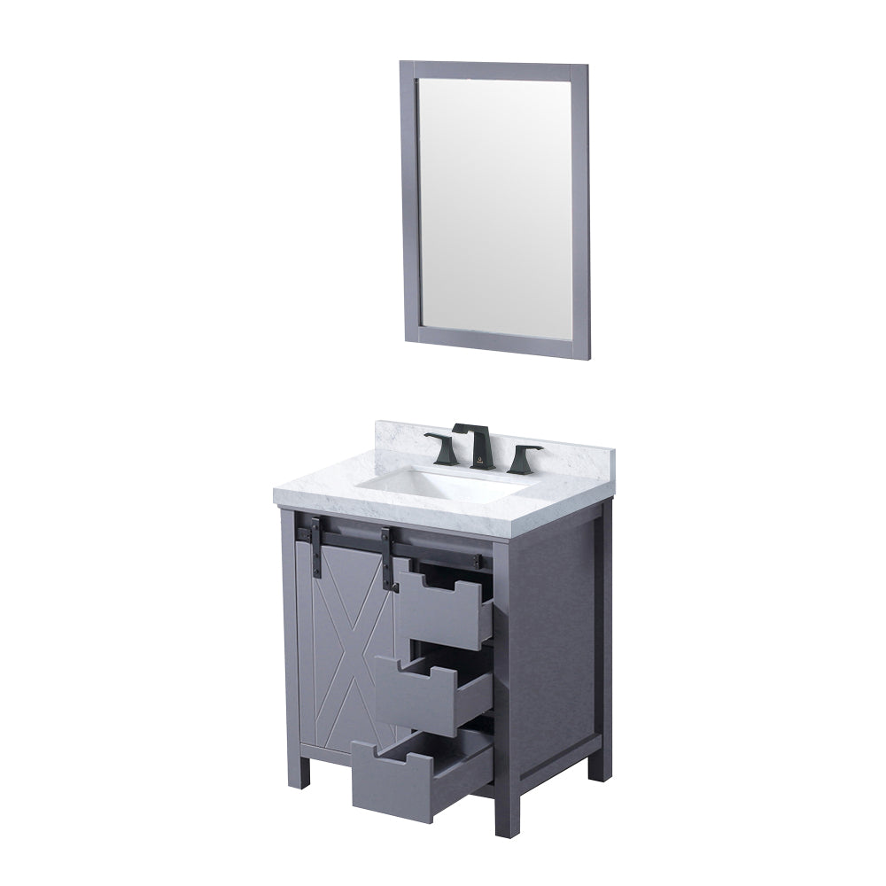Dark Grey Bath Vanity 30 in. W x 22 in. D, Carrara Marble Countertop, Faucet Set and 28 in. Mirror
