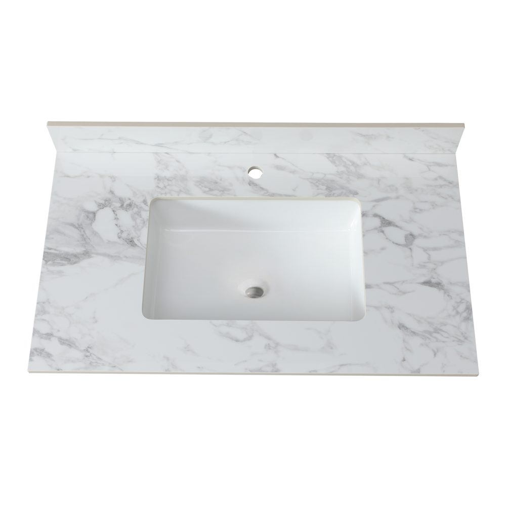 37"x22"Bathroom Vanity Top,sintered stone carra white Barthroom Vanity Sink Tops with Rectangular Undermount Ceramic Sink with Vanity Backsplash, Single Faucet Hole Bathroom Vanity Countertop