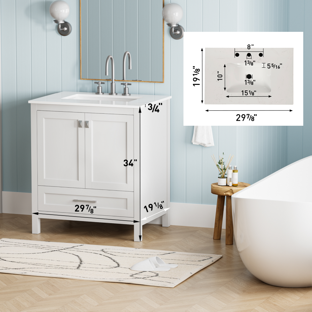 30" Freestanding Bathroom Vanity with Sink, Carrara Engineered Marble Vanity Top with Under-mounted Rectangular Ceramic Sink, Large Storage Soft-Close Door, Solid Wood Frame, White 24V03-30WH