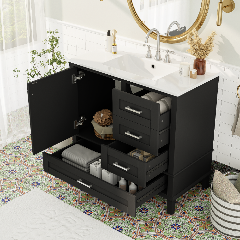 36" Grey Bathroom Vanity with Solid Pine Frame, 1 Soft Close Door and 3 Drawers , Modern Storage Cabinet (The Same Series as WF321698)