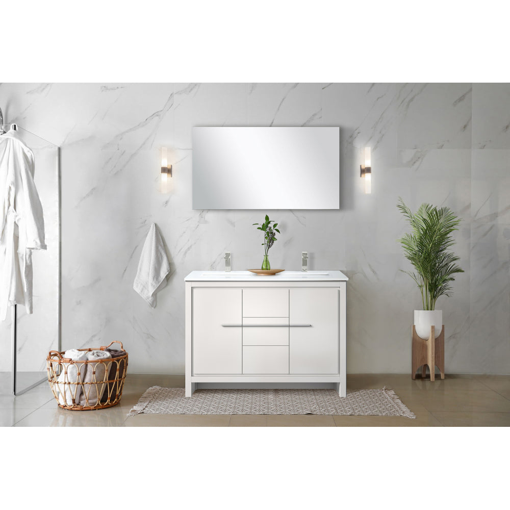White Double Bath Vanity 48 in. W x 20 in. D, Cultured Marble Top, Brushed Nickel Faucet Set and 43 in. Mirror