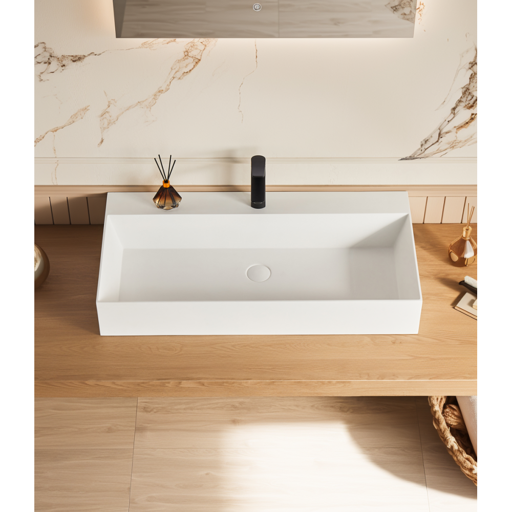 36" x 18" Solid Surface Wall Mount Rectangle Matte White Vessel Sink with Faucet Hole