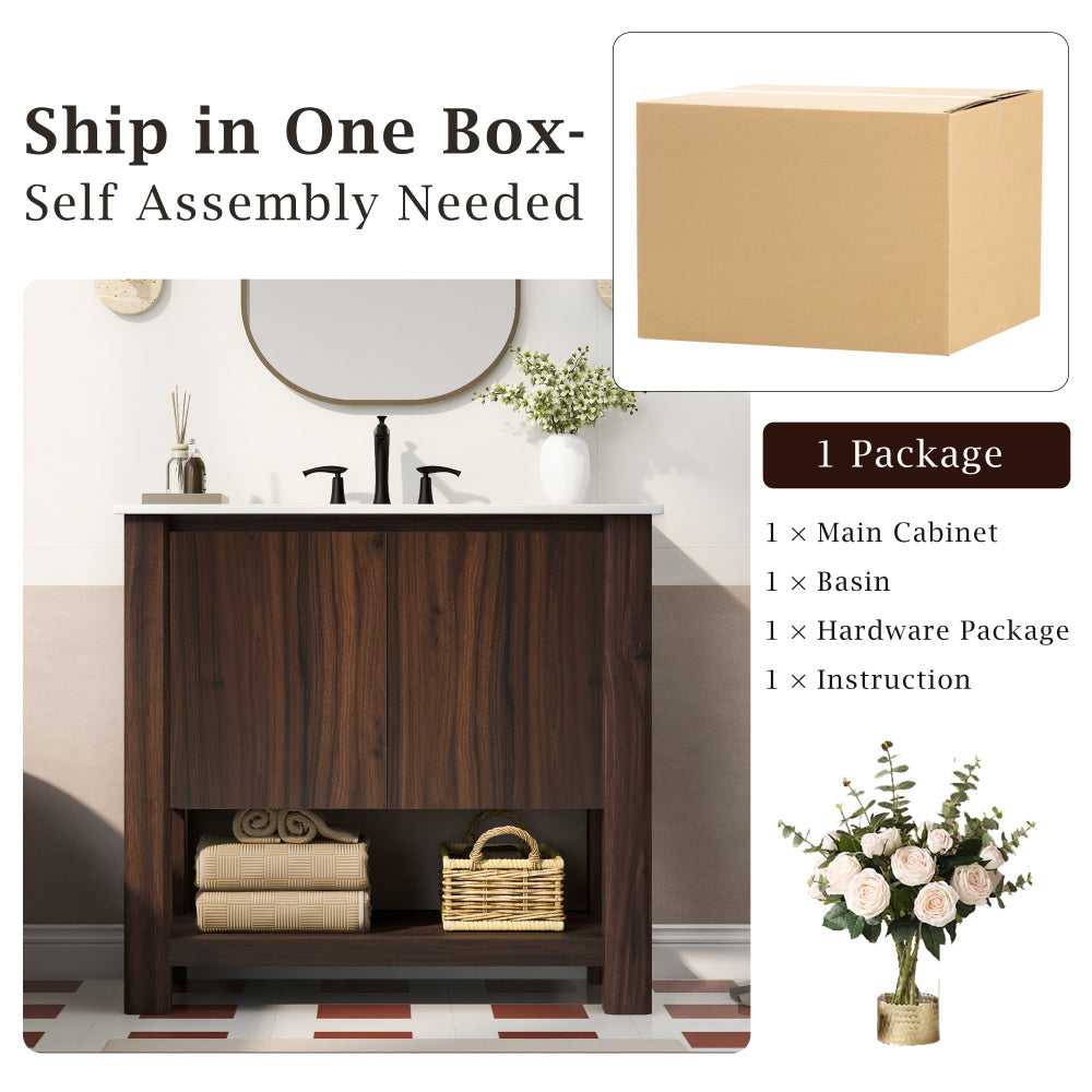 36" Modern Bathroom Vanity with Rectangle Ceramic Sink, Bathroom Cabinet with Large storage space and 45 Degrees Free-Handle Design Soft-Closing Doors, 1 Open Shelf at the Bottom, Dark Brown