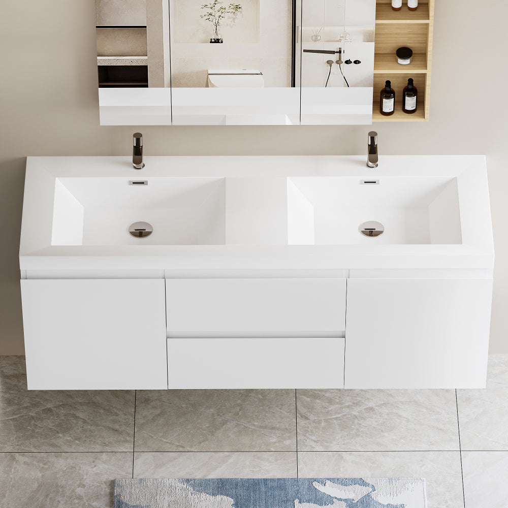 60" Floating Bathroom Vanity with Sink, Modern Wall-Mounted Bathroom Storage Vanity Cabinet with Double Resin Top Basin and Two Soft Close Drawers, Glossy White 24V11-60DGW