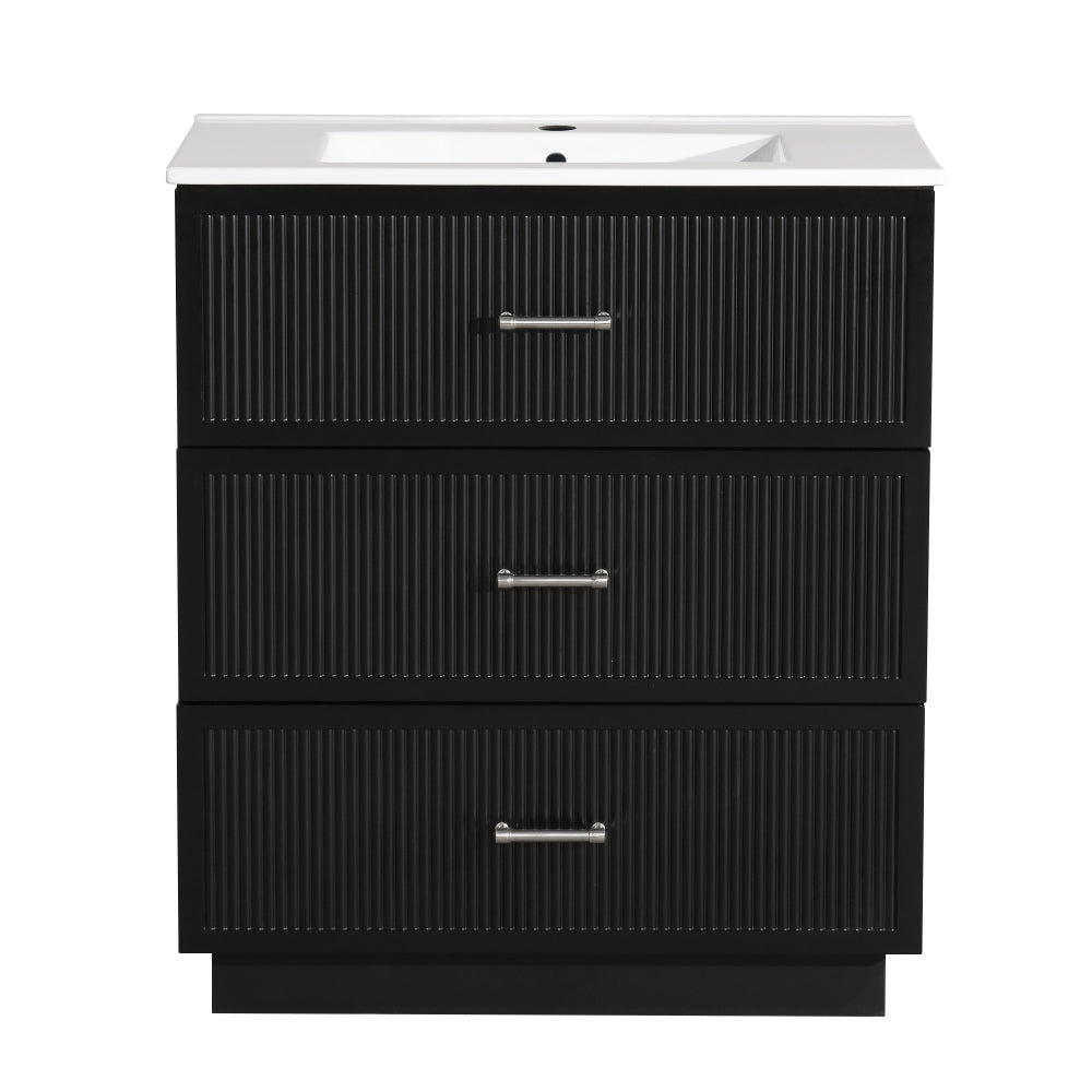 24 Inch Bathroom Vanity with Ceramic Sink Set, Modern Freestanding Bathroom Storage Cabinet with 2 Drawers, Floor Standing Bath Vanity Combo, Gray