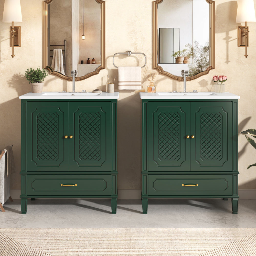 30" Bathroom Vanity with Sink Vintage Style, Multi-functional Storage Space, Door Shelf, Soft-closing Door, Dark Green