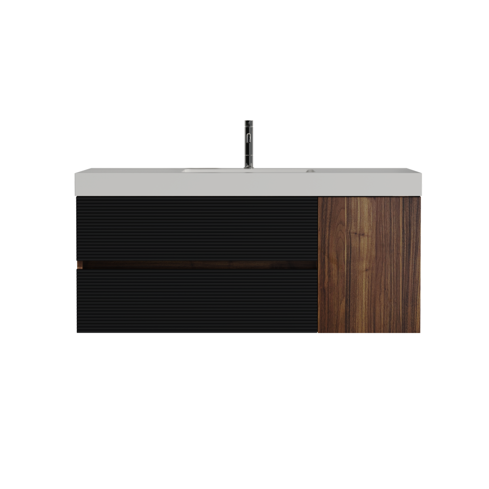 Grace 48" Walnut Bathroom Vanity with Glossy White Solid Surface Sink and Soft Black Drawers, Wall Mounted Floating Bathroom Vanity for Modern Bathroom, One-Piece Glossy White Basin, Pre-assembled