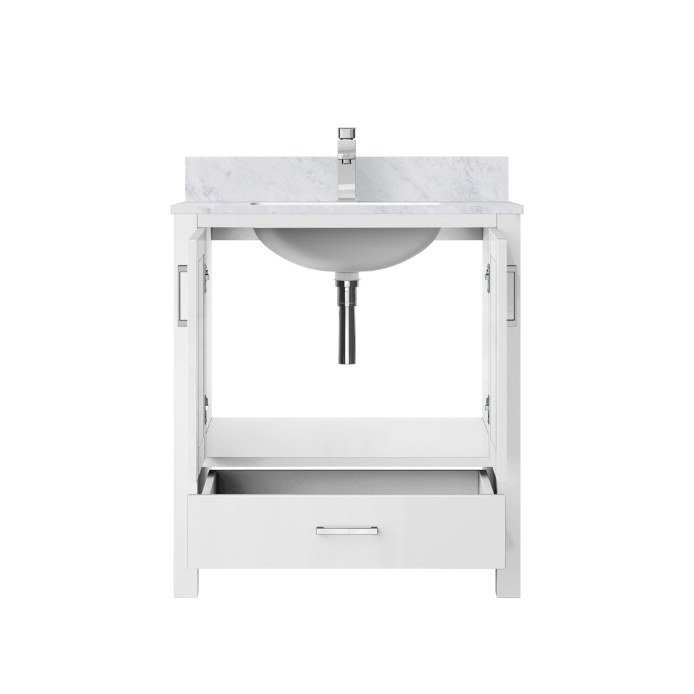 White Bath Vanity 30 in. W x 22 in. D, Carrara Marble Top, and Faucet Set