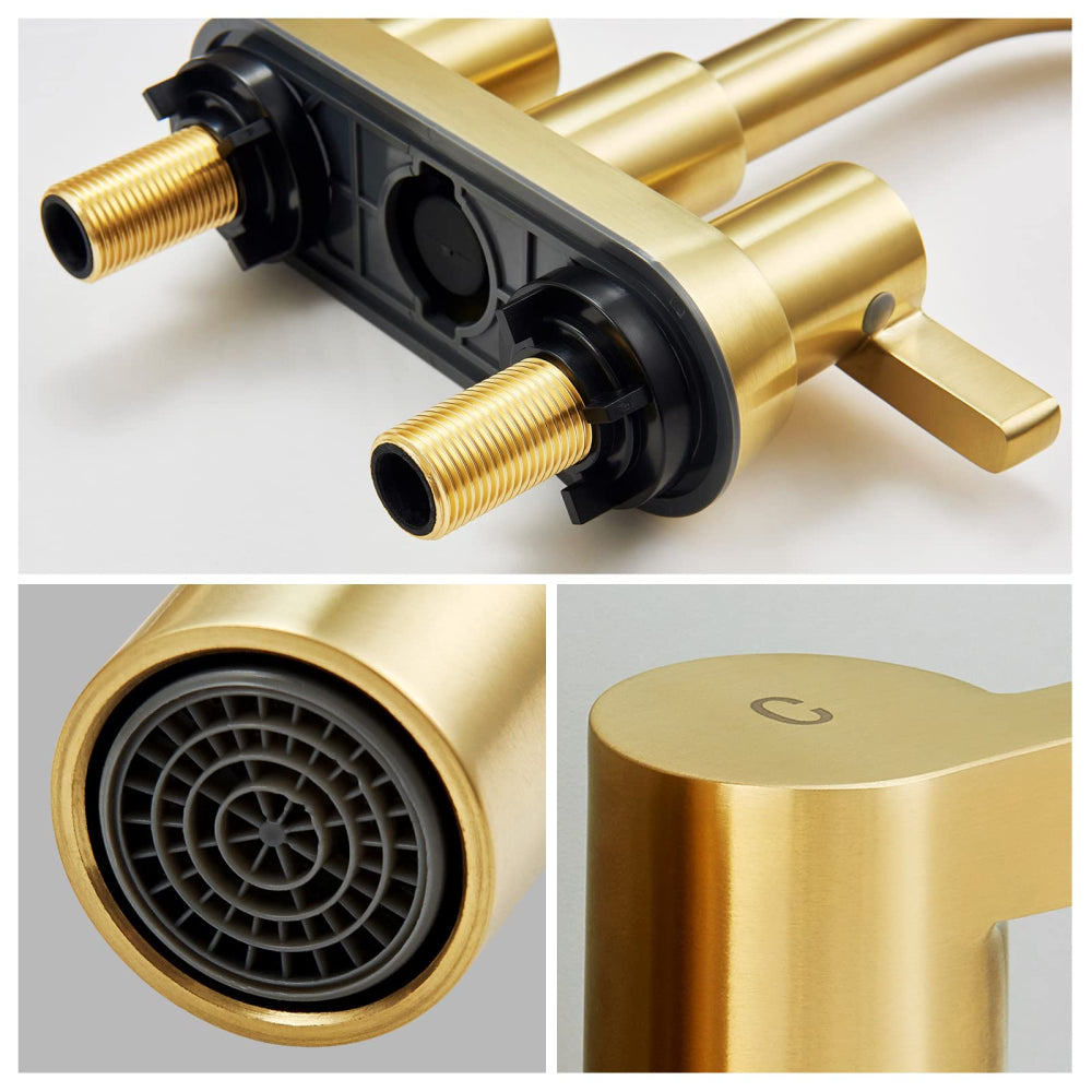 Brushed Gold Bathroom Faucet 4 Inch Centerset Bathroom Faucet, Gold Bathroom Vanity Lavatory Faucets for Sink 3 Hole 2 Handle, Swivel Spout with Brass Drain Assembly