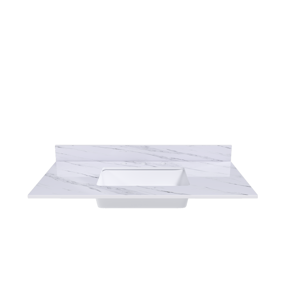 43 Inch Marble Vanity Top, White Vanity Top with 3 Pre-drilled Faucet Holes, Bathroom Vanity Top with Undermount Rectangular Middle Sink and 4" Height Backsplash, Bianco Carrara Venato