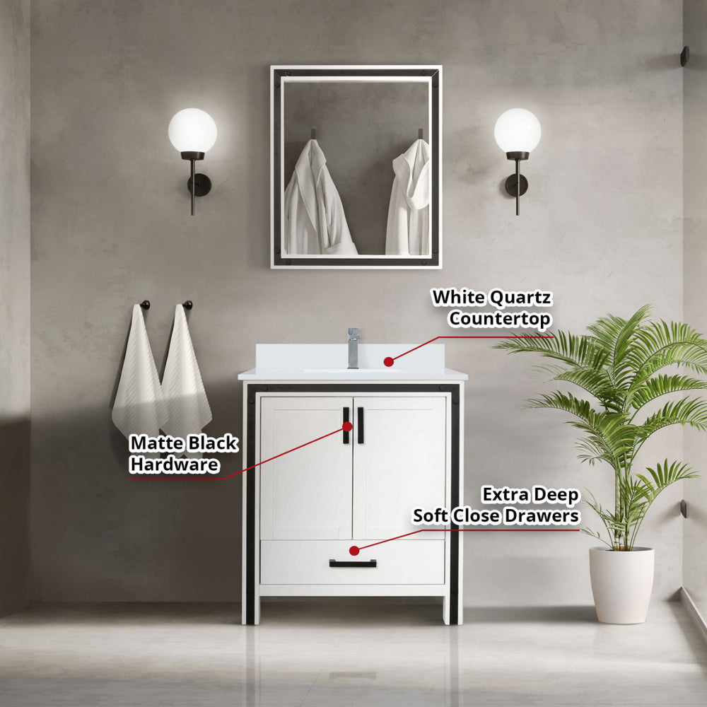 White Bath Vanity 30 in. W x 22 in. D, White Quartz Top, Faucet Set and 28 in. Mirror