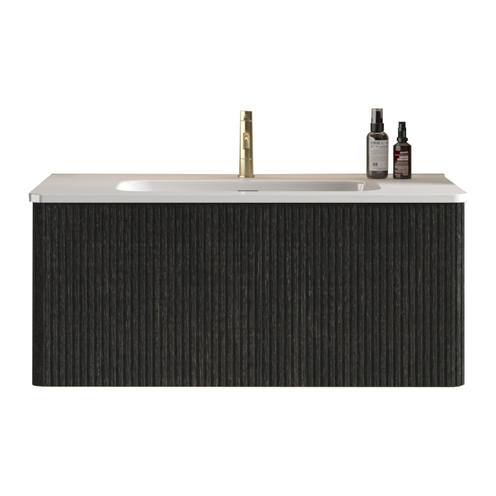 U058-Etna36W-308 Etna 36" Striped Brushed Black Oak Floating Bathroom Vanity with White Ceramic Sink, Bathroom Vanity for Modern Bathroom, Pre-assembled