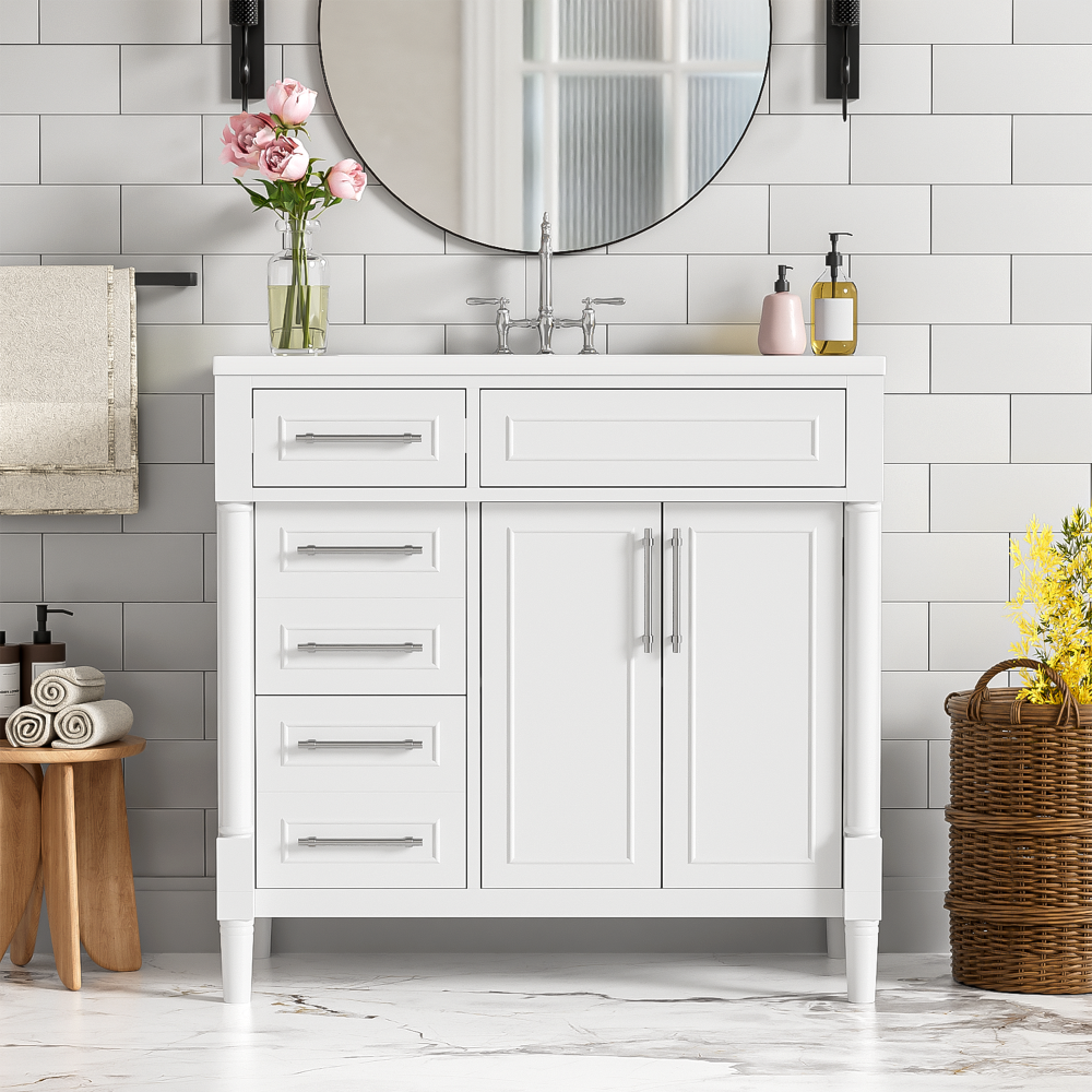 36'' Bathroom Vanity with Top Resin Sink, Freestanding Bathroom Storage Cabinet with 2 Drawers and a Tip-out Drawer, Solid Wood Frame Vanity Set, Height Adjustable Shelf