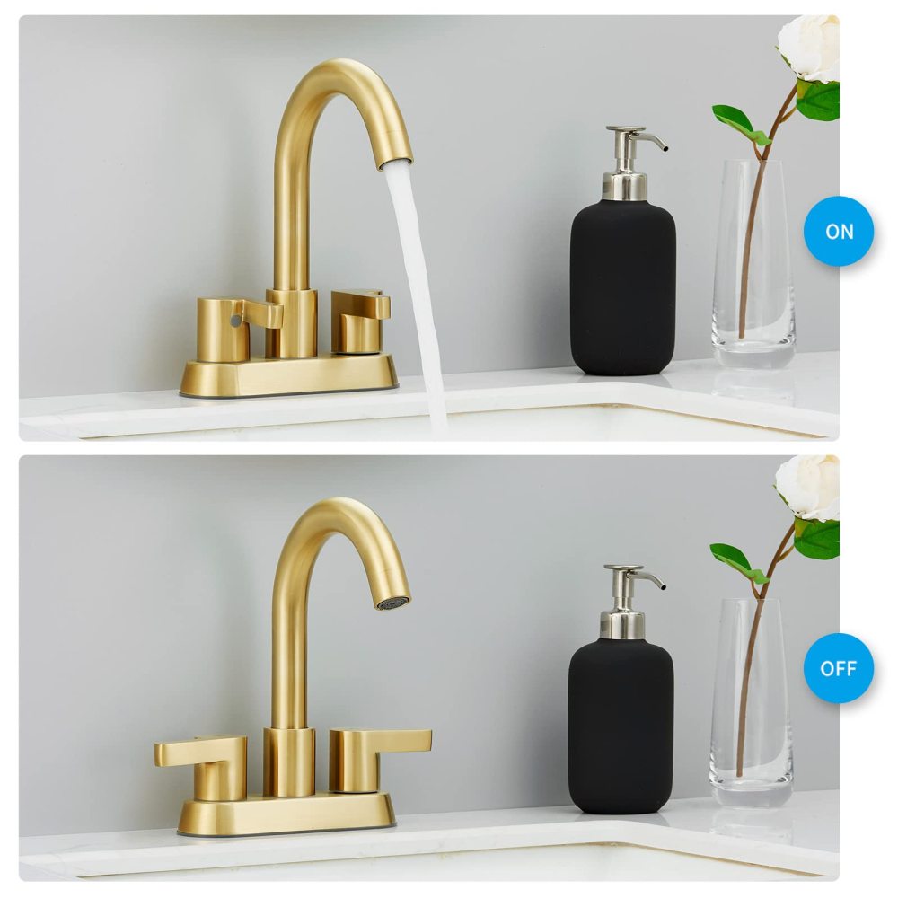 Brushed Gold Bathroom Faucet 4 Inch Centerset Bathroom Faucet, Gold Bathroom Vanity Lavatory Faucets for Sink 3 Hole 2 Handle, Swivel Spout with Brass Drain Assembly