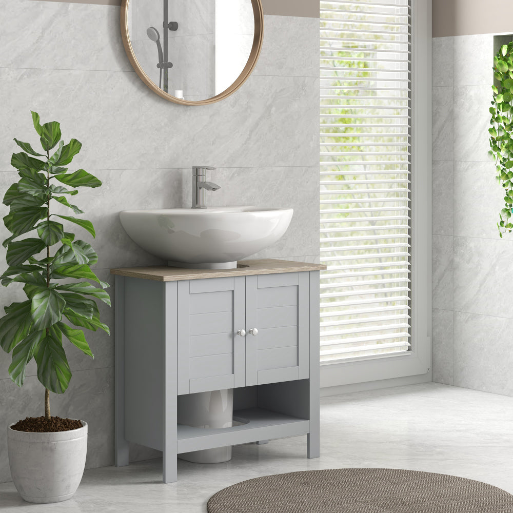kleankin Pedestal Sink Storage Cabinet, Under Sink Cabinet, Bathroom Vanity Cabinet with Adjustable Shelf and Open Bottom Shelf, Gray
