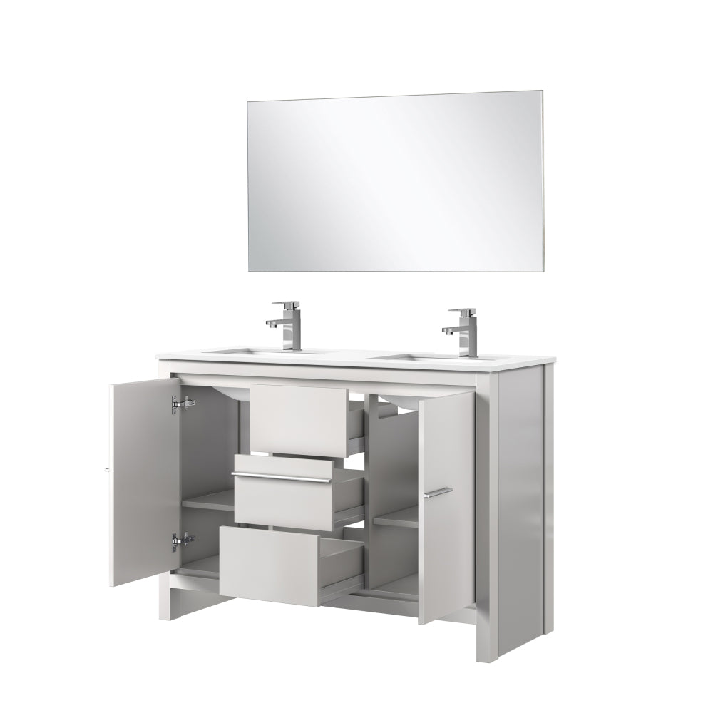 White Double Bath Vanity 48 in. W x 20 in. D, White Quartz Top, Chrome Faucet Set and 43 in. Mirror
