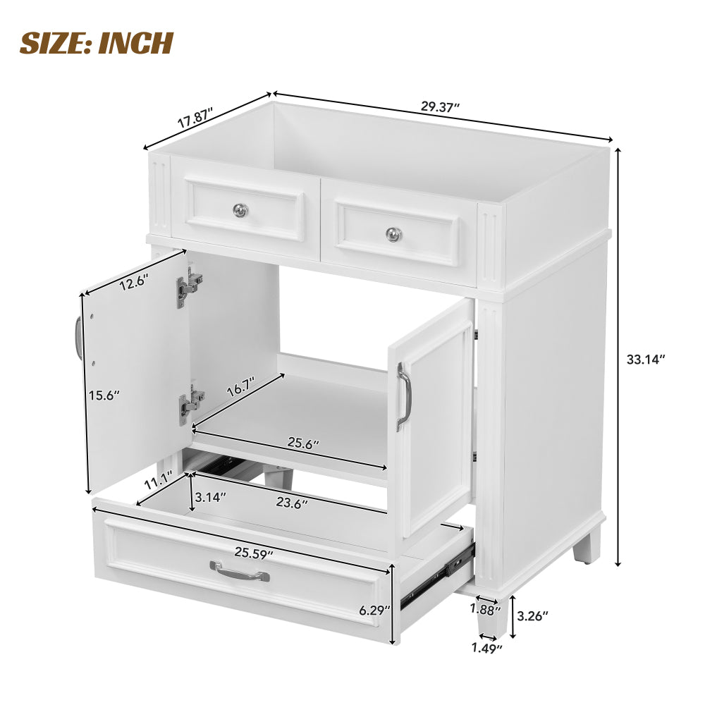 30'' Bathroom Vanity without Top,Solid Wood Frame Bathroom Storage Cabinet with Soft Closing Doors,Frame Bathroom Storage Cabinet Only, Retro Style, White