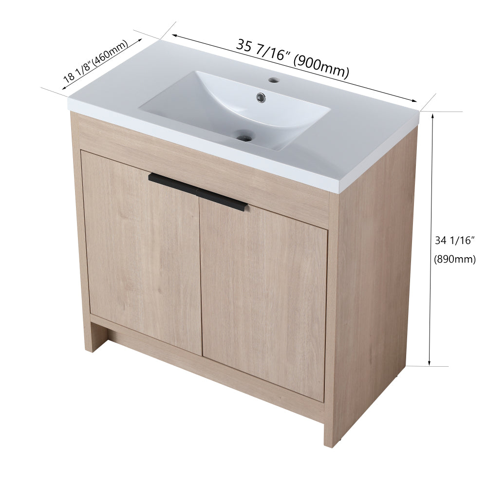 36 Inch Freestanding Bathroom Vanity with White Resin Sink & 2 Soft-Close Cabinet Doors (BVB02436PLO-GRB3640)