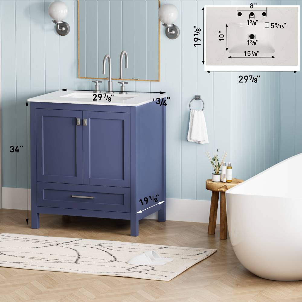 30" Freestanding Bathroom Vanity with Sink, Carrara Engineered Marble Vanity Top with Under-mounted Rectangular Ceramic Sink, Large Storage Soft-Close Door, Solid Wood Frame, Navy Blue 24V03-30NB