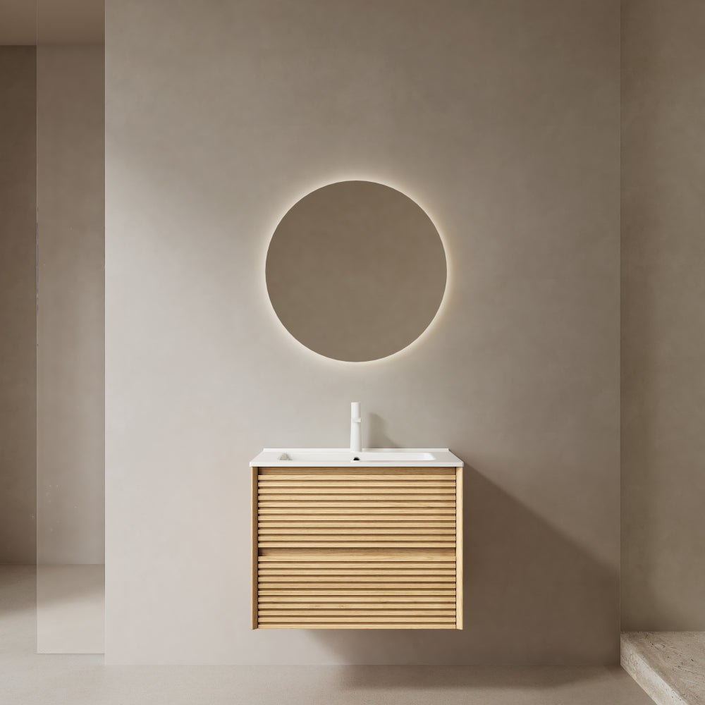 BRON 36" Bathroom Vanity with Sink, Modern Wall-Mounted Floating Plywood Bathroom Cabinet , 2 Drawers, White Ceramic Basin with Sink Hole Cover and Drain, Pre-assembled, Natural Walnut Woodgrain Color