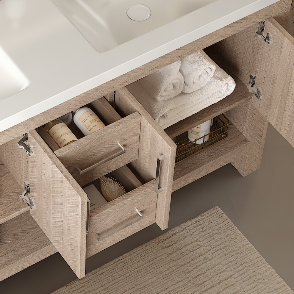 LUCCI 60" Bathroom Vanity with Sinks, Freestanding Plywood Storage Cabinet with 2 Drawers, 4 Doors and an Open Shelf, Acrylic Integrated Basin without Faucet, Pre-assembled, Light Oak Woodgrain Color