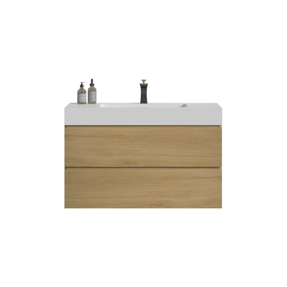 U042-Alice36-106 Alice 36" Oak Bathroom Vanity with Black Sink, Large Storage Wall Mounted Floating Bathroom Vanity for Modern Bathroom, One-Piece Black Sink Basin without Drain, Pre-assembled