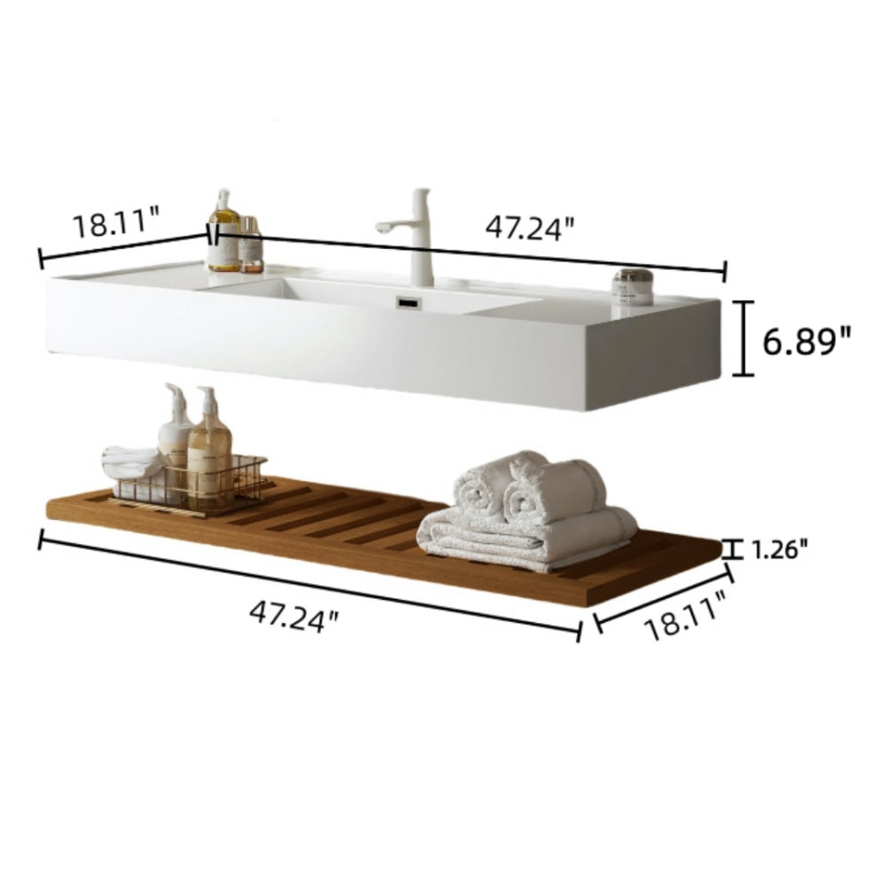 LEDE 48" Bathroom Vanity with Vessel Sink, Wall-Mounted Floating White Rectangular Acrylic Integrated Basin without Faucet, Striped Shelves Layer, Dark Walnut Woodgrain Color