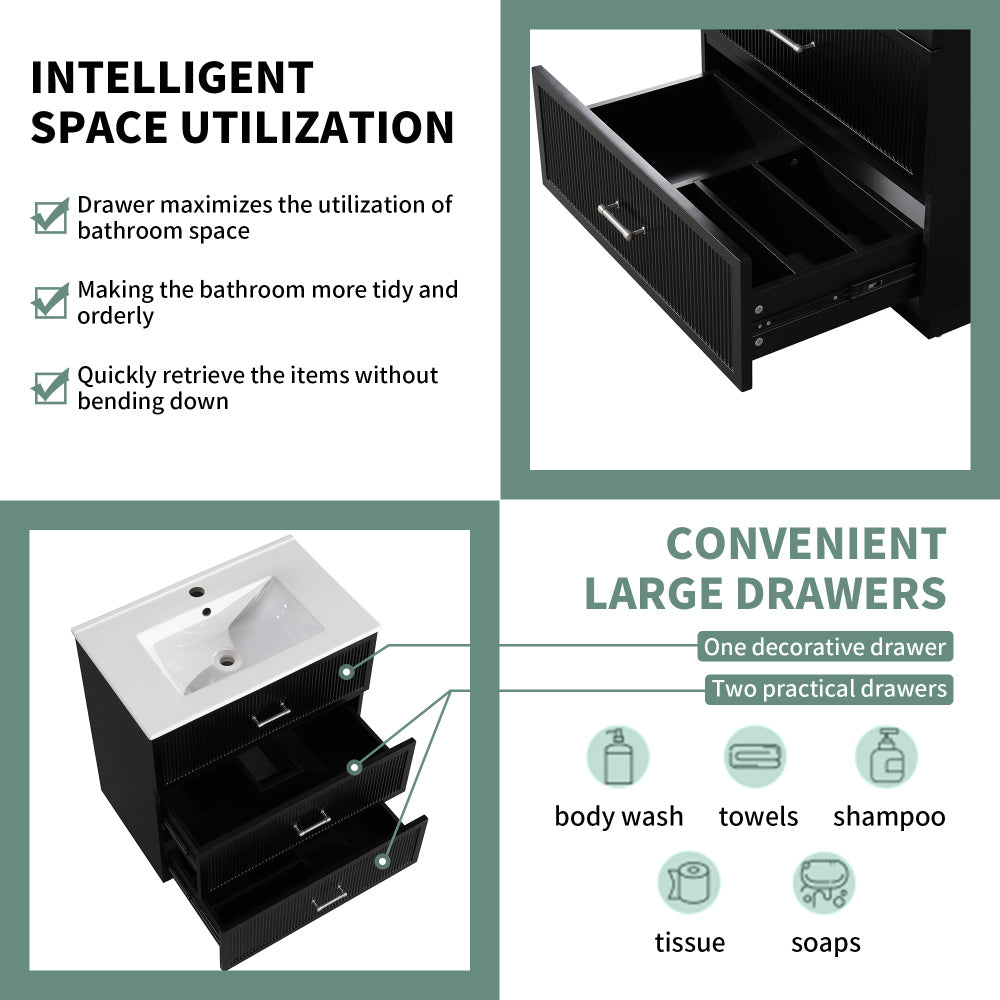 30 Inch Bathroom Vanity with Ceramic Sink Combo Set, Modern Freestanding Bathroom Storage Cabinet with 2 Drawers, Floor Standing Bath Vanity, Black