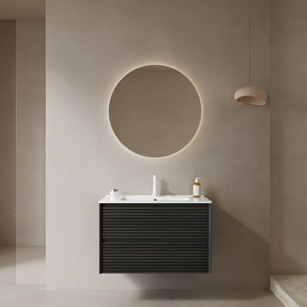 BRON 36" Bathroom Vanity with Sink, Modern Wall-Mounted Floating Plywood Bathroom Cabinet , 2 Drawers, White Ceramic Basin with Sink Hole Cover and Drain, Pre-assembled, Natural Walnut Woodgrain Color