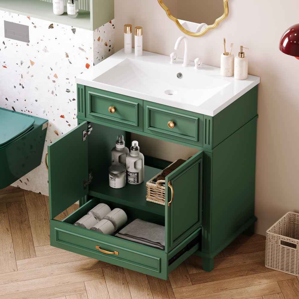 30'' Bathroom Vanity with Resin Sink, Solid Wood Frame Bathroom Storage Cabinet with Soft Closing Doors, Retro Style, White (Same as SW000118AAK)