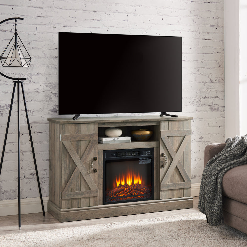 American retro Farmhouse Classic Media TV Stand Antique Entertainment Console with 18" Electric Fireplace Insert for TV up to 50" with Open and Closed Storage Space, Gray Wash 47"W*15.5"D*30.75"H