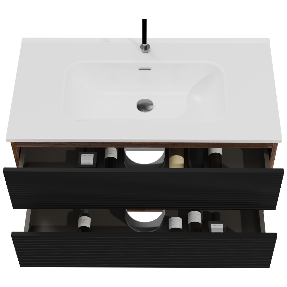 Gloria 36" Wall Mounted Soft Black & Walnut Bathroom Vanity with Integrated Ceramic Sink with Overflow, Large Storage Floating Bathroom Vanity for Modern Bathroom, Pre-assembled