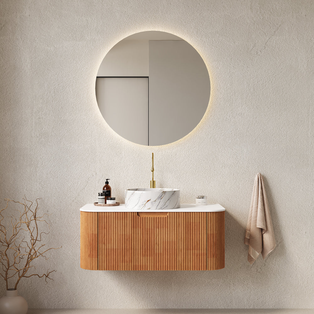 DINA 24" Bathroom Vanity with Sink, Wall-Mounted Floating Curved Edges Striped Bathroom Storage Cabinet with Drawer, White Round Ceramic Basin with Stone Pattern, Pre-assembled, Light Green Color
