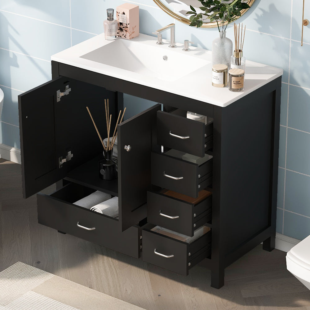 36" White Bathroom Vanity with Ceramic Sink Combo, Abundant Storage Cabinet -2 Soft-close doors and 5 drawers