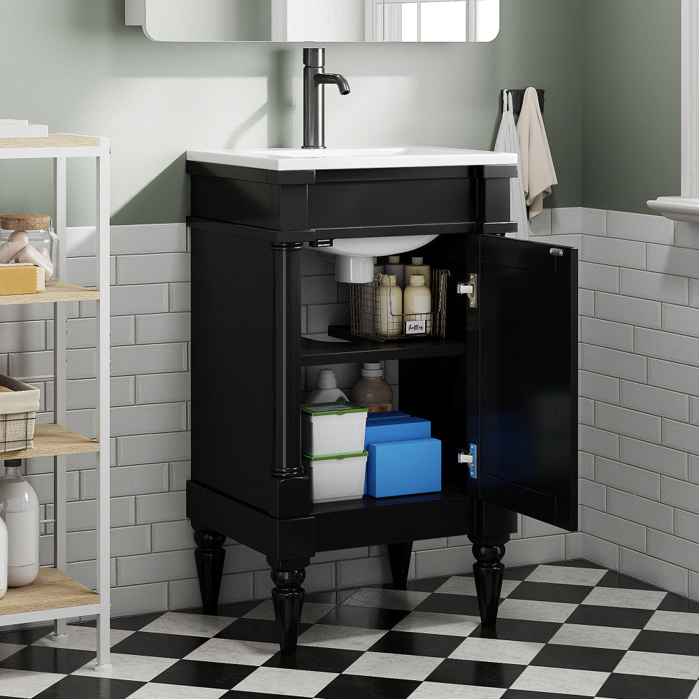 18-Inch Modern Bathroom Vanity with Sink, Modern Bathroom Storage Cabinet with Door, Freestanding Small Space Bathroom Cabinet, Single Sink Cabinet with Adjustable Shelf, Black
