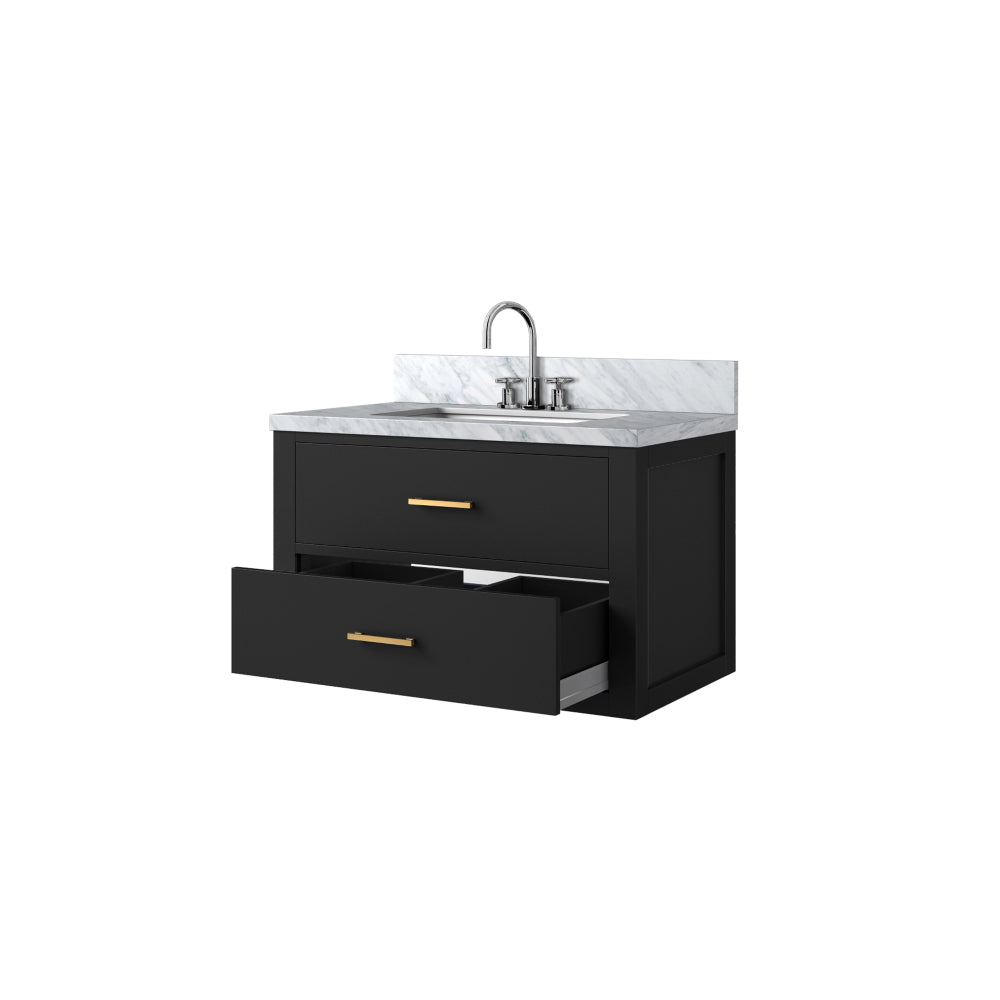 Black Single Bath Vanity 30 in. W x 22 in. D, Carrara Marble Top, and Faucet Set