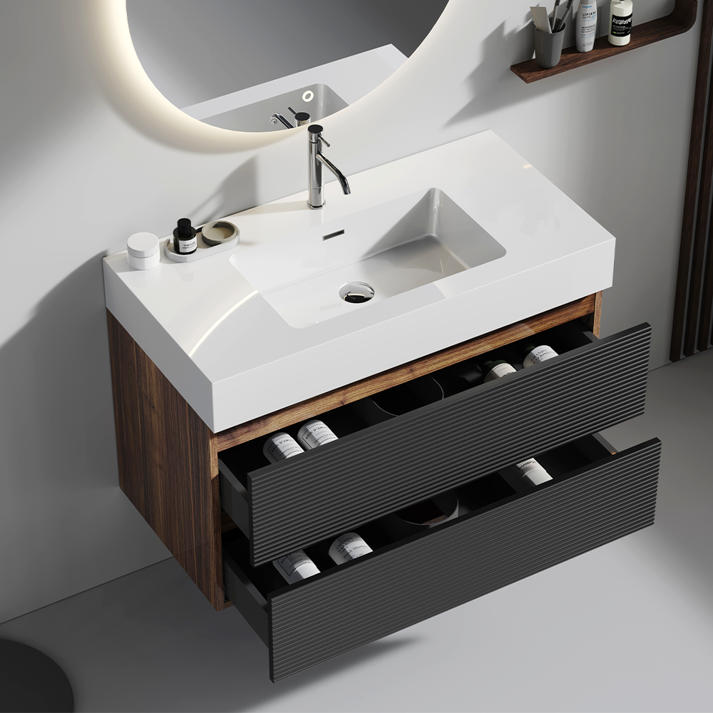 Grace 36" Walnut Bathroom Vanity with Glossy White Solid Surface Sink and Soft Black Drawers, Wall Mounted Floating Bathroom Vanity for Modern Bathroom, One-Piece Glossy White Basin, KD