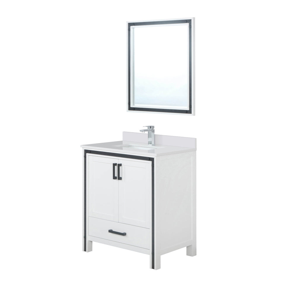 White Bath Vanity 30 in. W x 22 in. D, White Quartz Top, Faucet Set and 28 in. Mirror