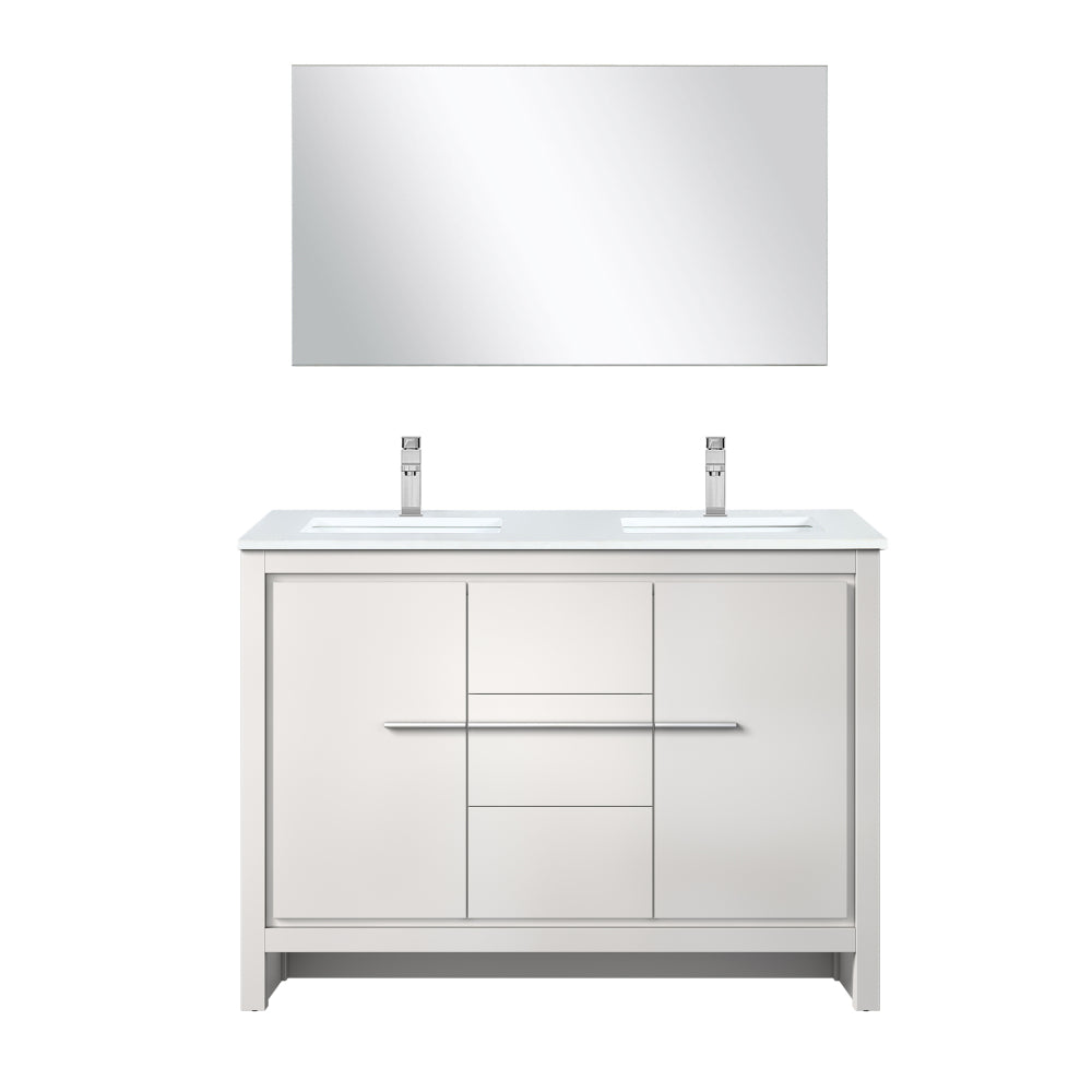 White Double Bath Vanity 48 in. W x 20 in. D, White Quartz Top, Chrome Faucet Set and 43 in. Mirror