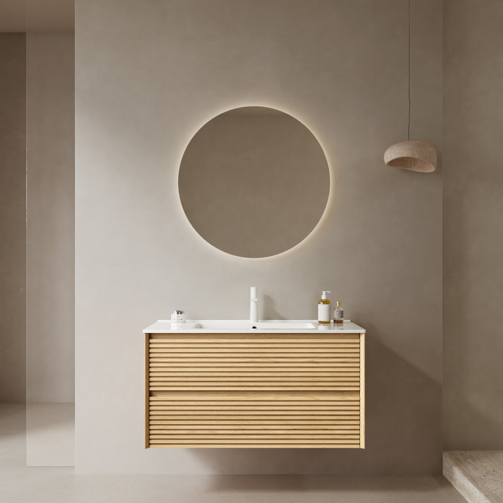 BRON 36" Bathroom Vanity with Sink, Modern Wall-Mounted Floating Plywood Bathroom Cabinet , 2 Drawers, White Ceramic Basin with Sink Hole Cover and Drain, Pre-assembled, Natural Walnut Woodgrain Color