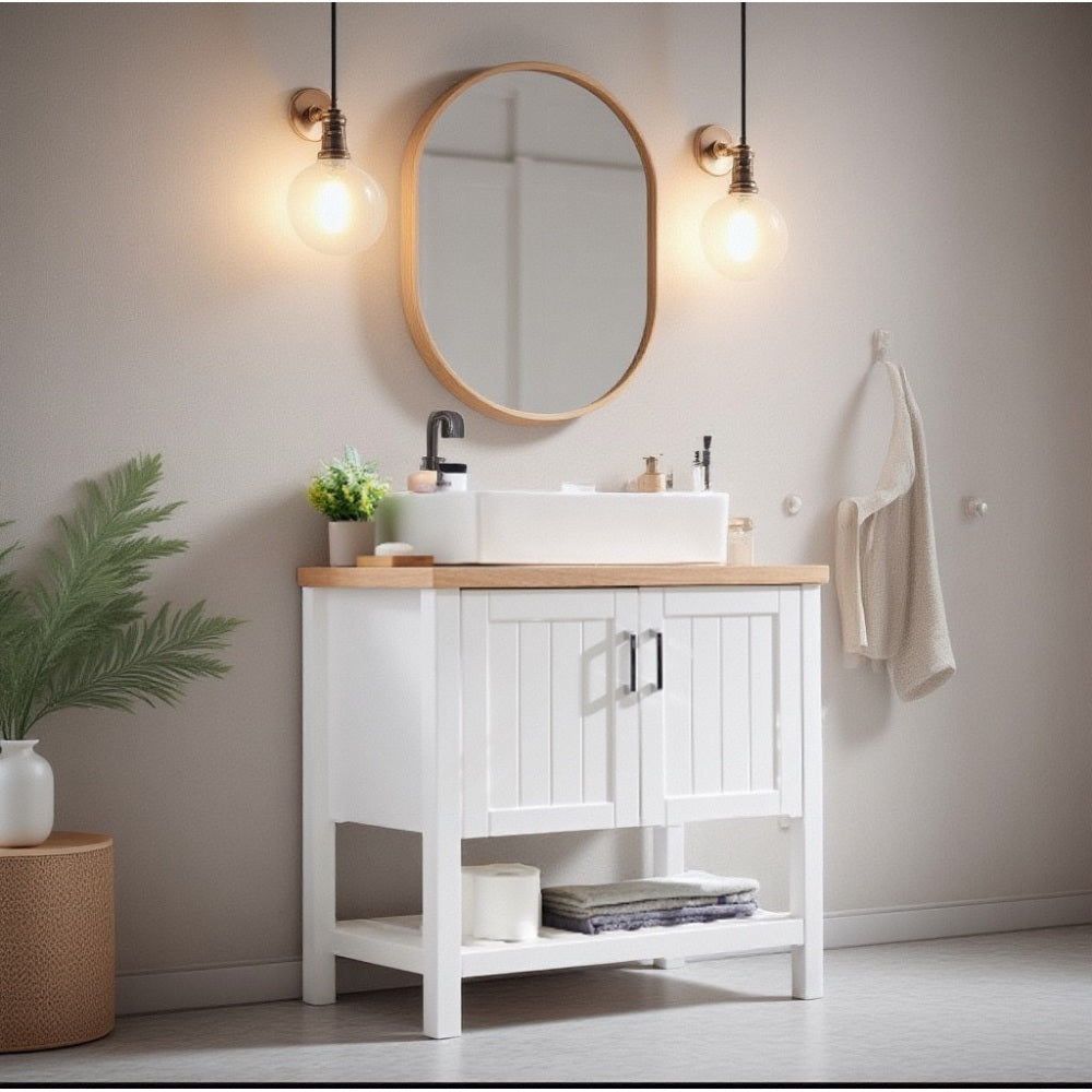 32" Bathroom Vanity with Sink,Single Bathroom Vanities Cabinet with Doors and Open Shelf,Solid Wood Small Vanity with Sink Set,for Bathroom,White+Natural